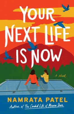 Capa do livro Your Next Life is Now, de Namrata Patel. No centro da imagem, uma ilustração de mãe e filha sentadas lado a lado, olhando para uma paisagem montanhosa ao entardecer, com pássaros cruzando o céu alaranjado.